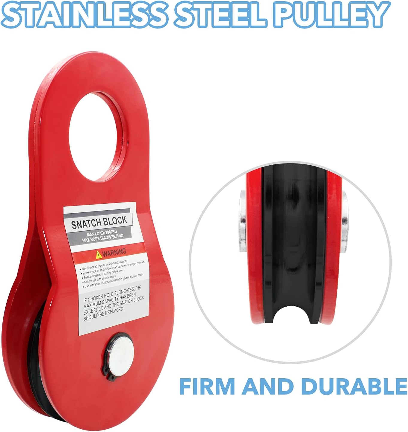 MILINI Snatch Block, Strength Recovery Off-Road Heavy Duty Winches Pulley for Synthetic Rope or Steel Cable, Universal Tackle Block for Truck, Tractor, ATV & UTV (Red, 8T)