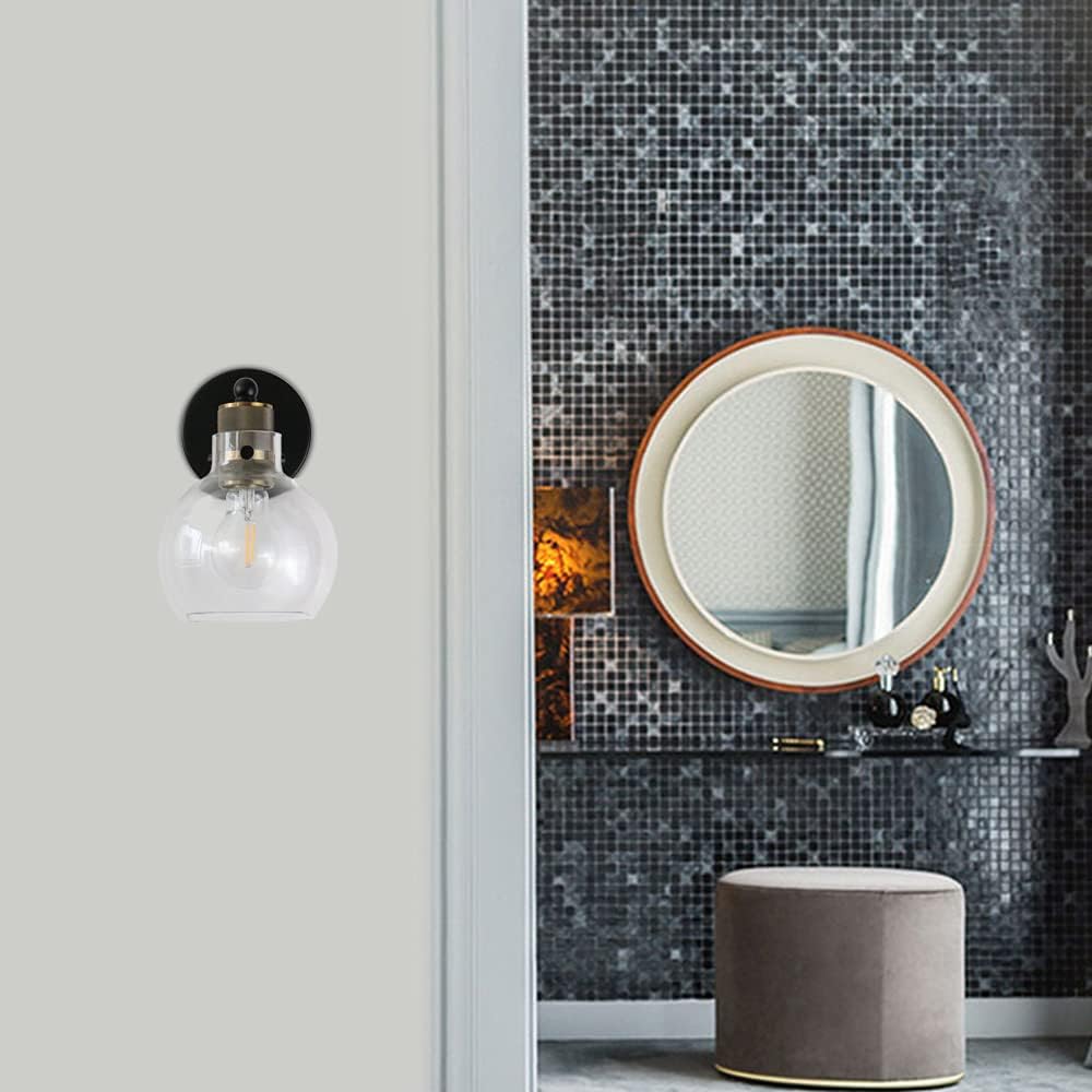MONKFISH Modern Industrial Wall Sconce Light with Glass Globe Shade, Black & Brass Wall Lamp Fixture for Bathroom, Bedroom, Hallway & Living Room, E26 Socket, UL Listed