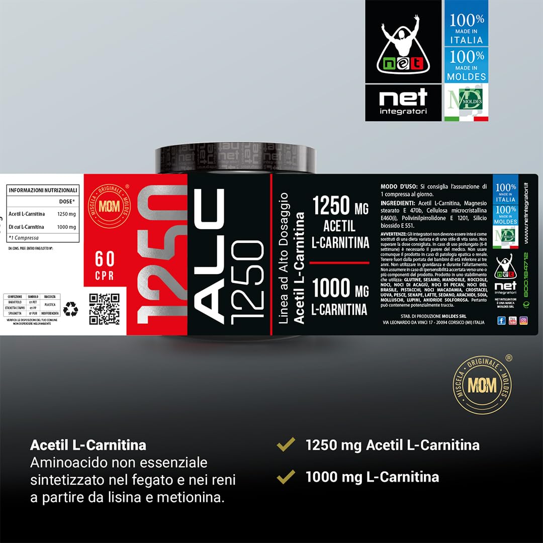 Net Integratori ALC 1250 – 60 compresse – Integratore di Acetil L-Carnitina ad Alto Dosaggio – Energia Forza e Focus Mentale – Pre Workout