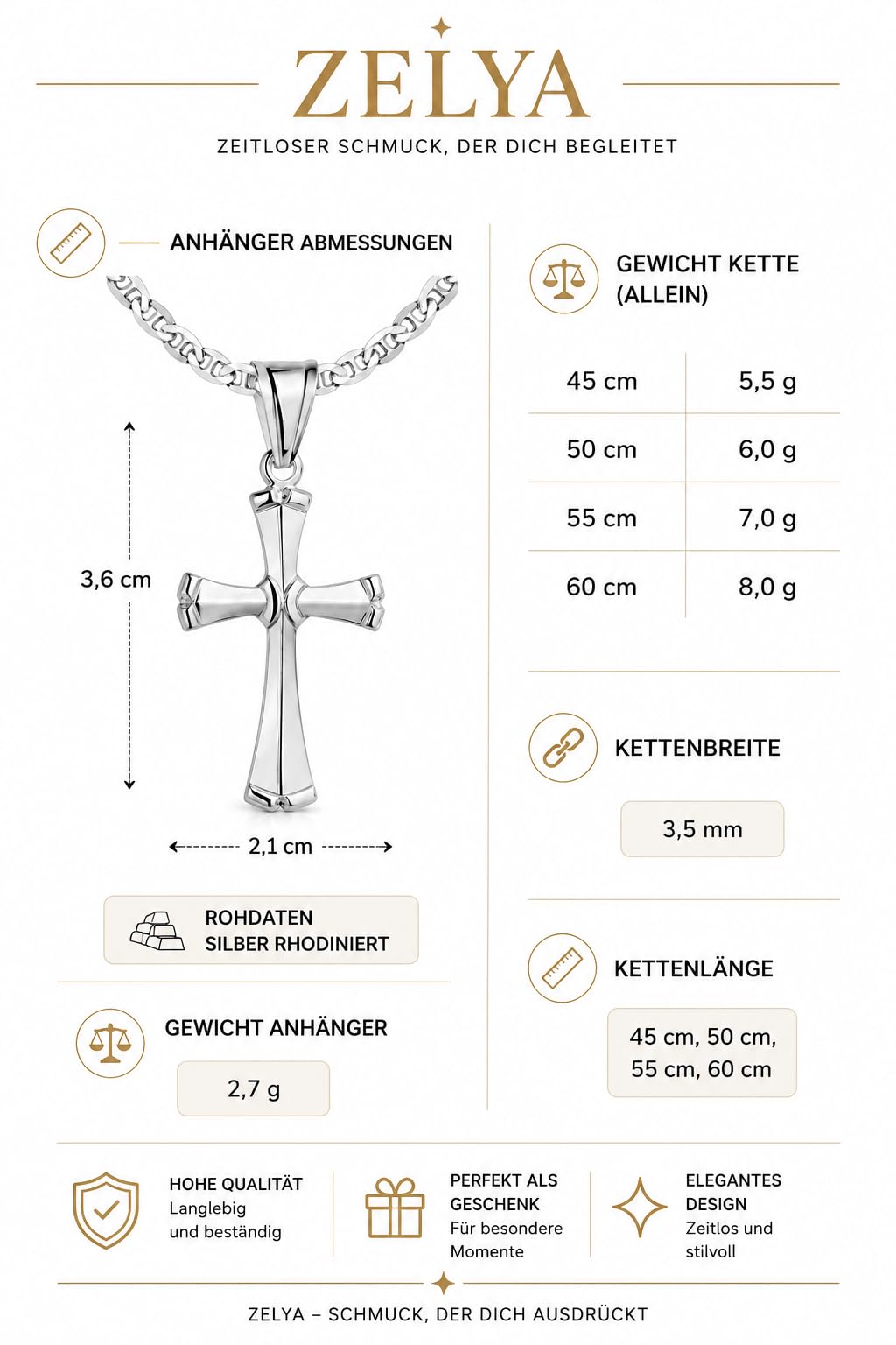 ZELYA Halskette Herren 45-60 CM 925 Silber Panzerkette 3,5 mm rhodiniert – läuft nicht an, Kreuz Anhänger mit Gravur + Geschenkbox Gravur, Gliederkette