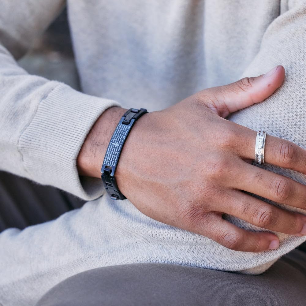 Engravable Lord's Prayer Bracelet for Him - Black Stainless Steel ID Bracelet - Men's Personalized Bracelets - Religious Gift for Him - Birthday Gift - Graduation Gift - Father's Day Gift - Gifts for