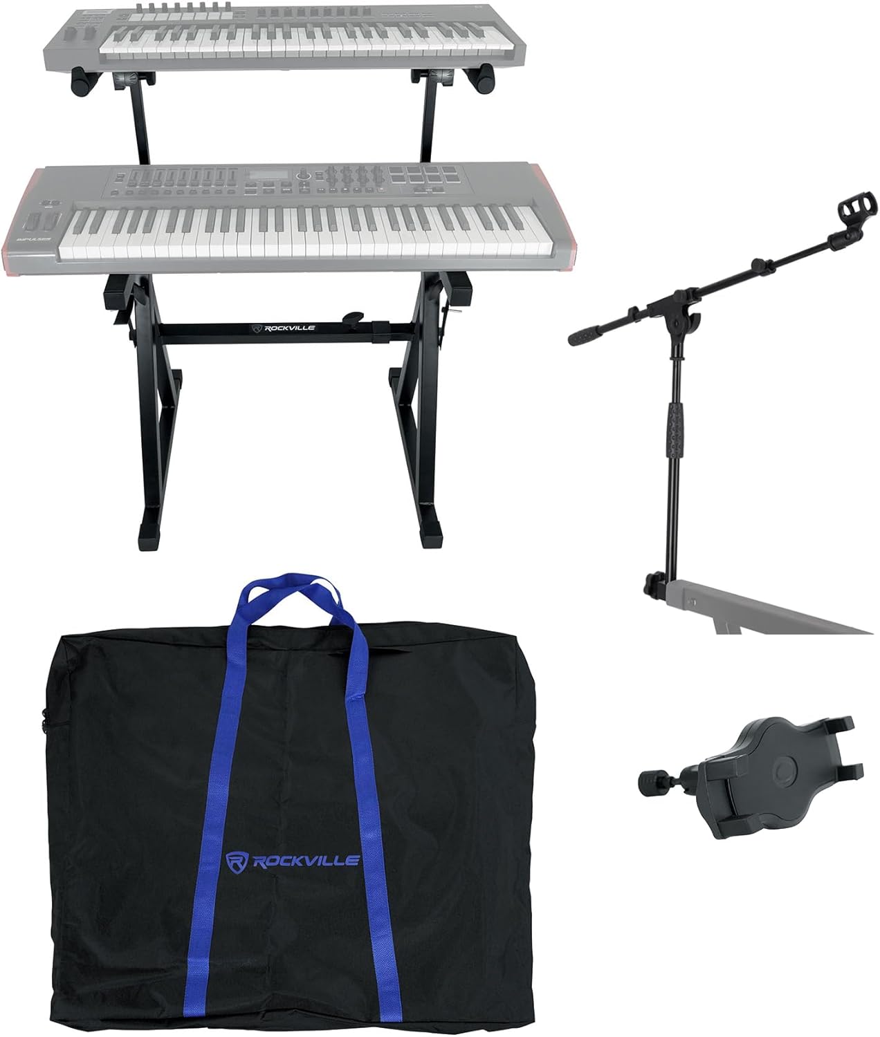 Rockville Z55 Bundle: Z-Style 2-Tier Keyboard Stand with Travel Bag, ZMS Microphone Boom Attachment, iStand 22 Tablet Holder for Mic Boom Arm, 3-items