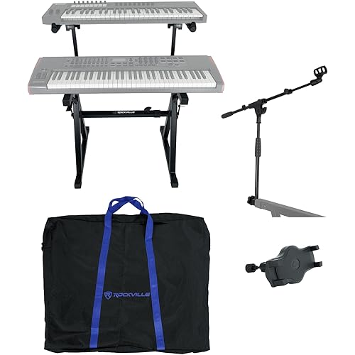 Rockville Z55 Bundle: Z-Style 2-Tier Keyboard Stand with Travel Bag, ZMS Microphone Boom Attachment, iStand 22 Tablet Holder for Mic Boom Arm, 3-items
