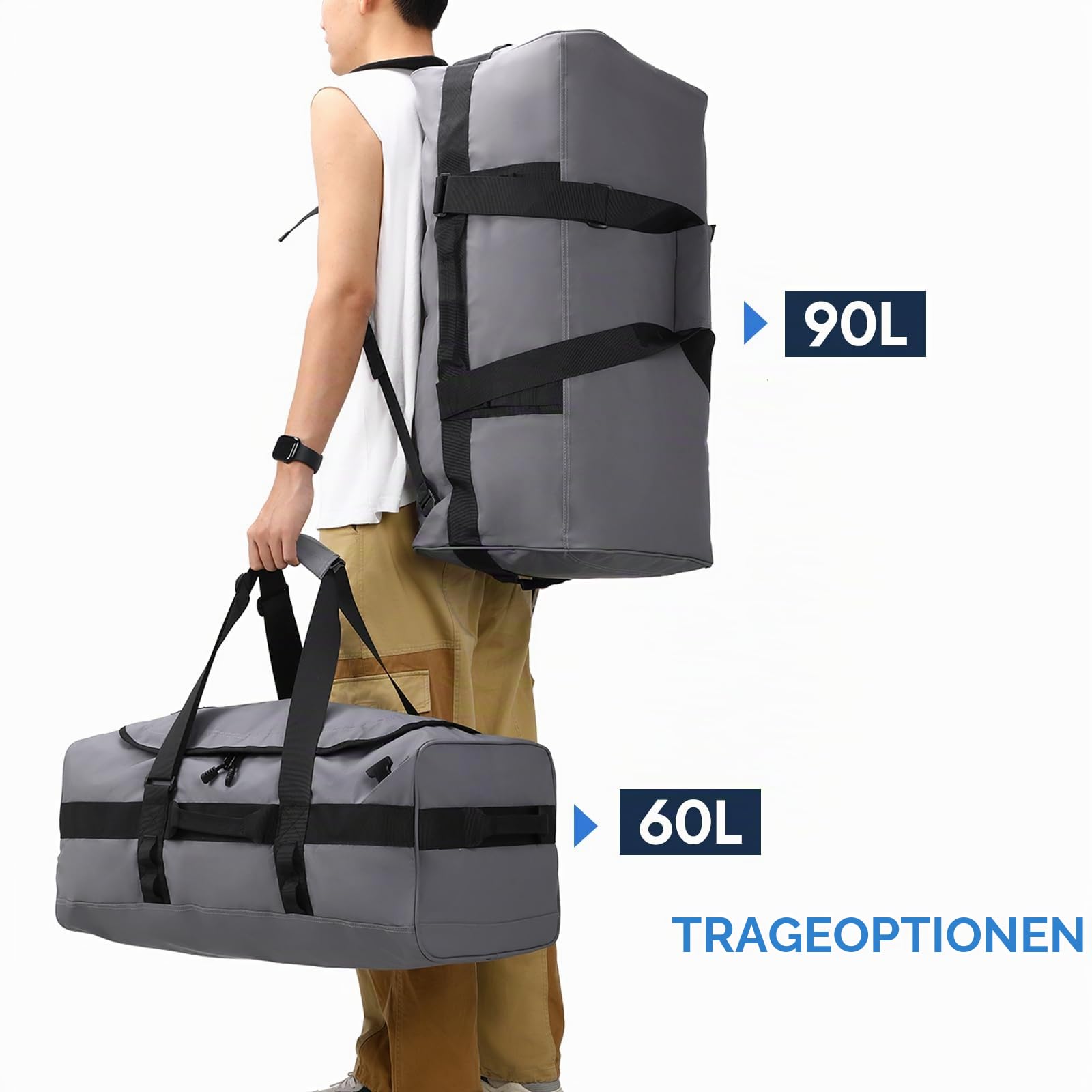 Haimont Reisetasche Sporttasche mit robusten Reisetaschen für Männer und Frauen, Camping mit umwandelbaren gepolsterten Rucksackträgern, Overnight, Wasserdicht, 90L, Grau