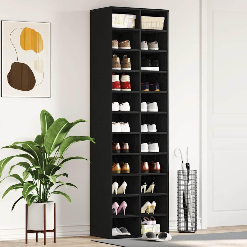 Szafka na buty, kolor czarny, dąb z systemem przechowywania, 54 x 34 x 183 cm, z materiału drewnopochodnego, regał na buty z dużą ilością miejsca do przechowywania różnych butów i zajmuje mało