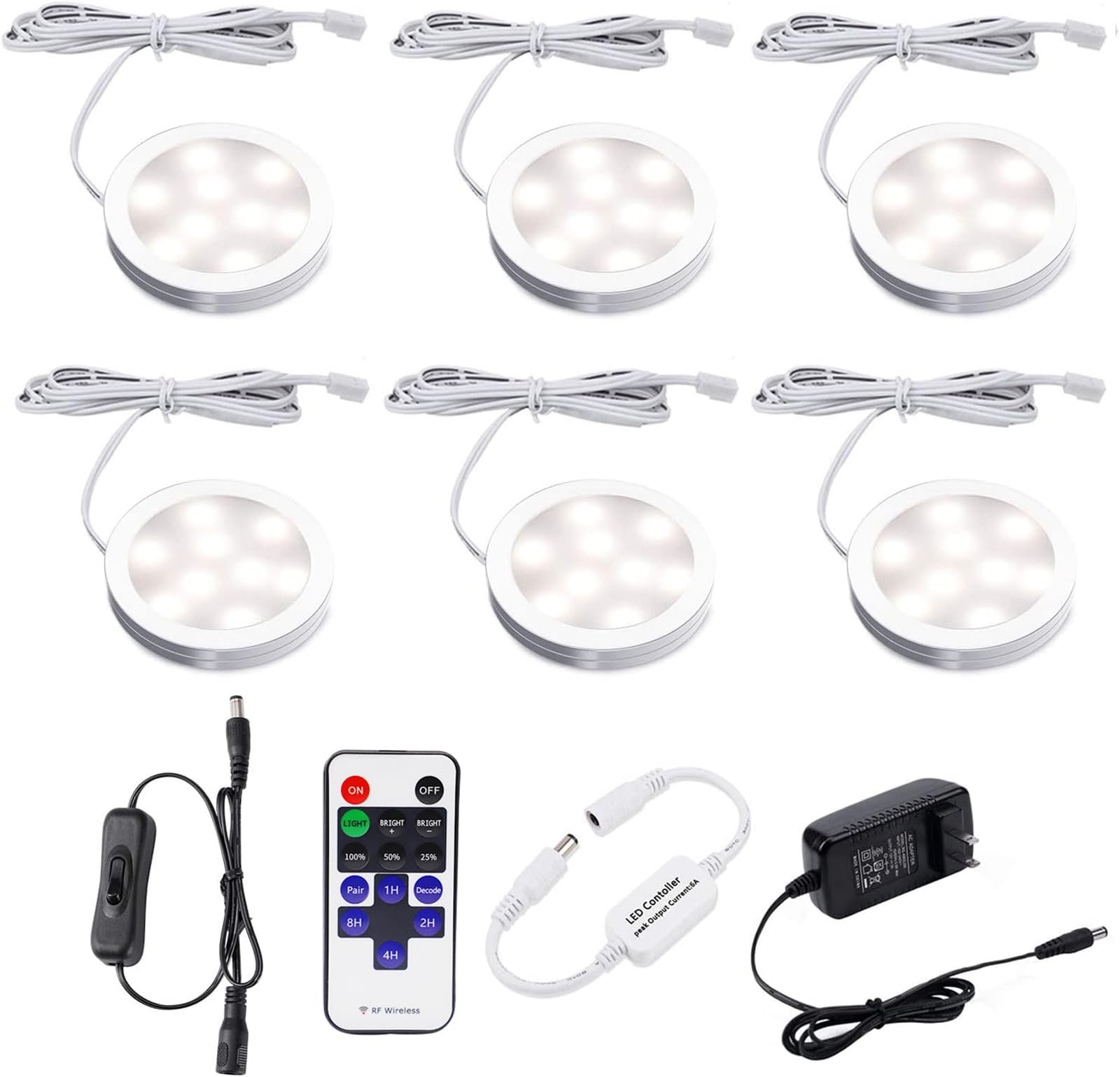 AIBOO LED Under Cabinet Lighting Fixture Kitchen Under Counter Lights with Plug in and Wireless RF Remote Control, 6 Thin Cabinet LED Puck Light Kits (4000K Natural White)