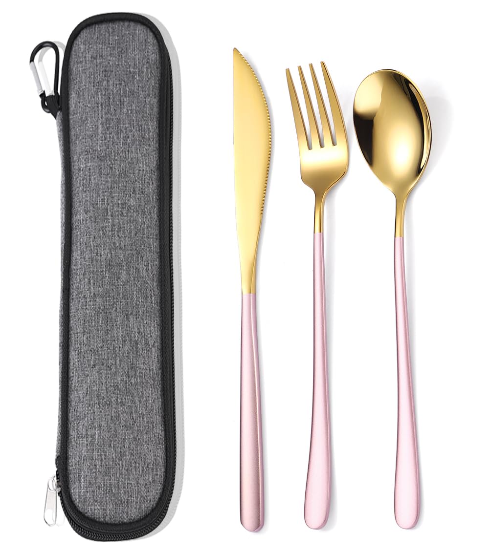 AARAINBOW Stainless Steel Silverware Set for 1, Reusable Knife Fork Spoon Set with Case, 3 Pcs Flatware Set for Travel Home, Lunchbox Cutlery Set (Pink Gold)