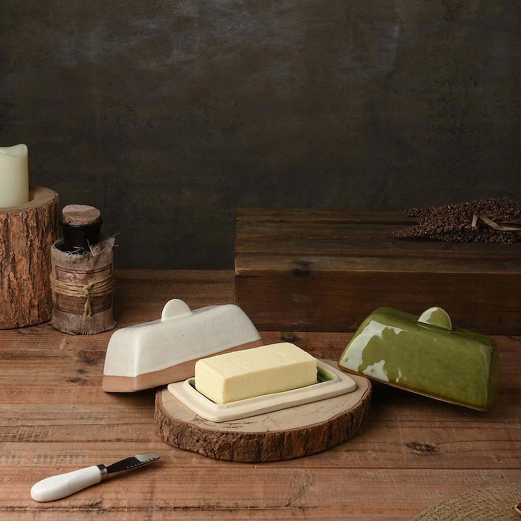 Photo 1 of Rytto Ceramic Butter Dish with Lid and Tray, Green, Kiln Reactive Glaze