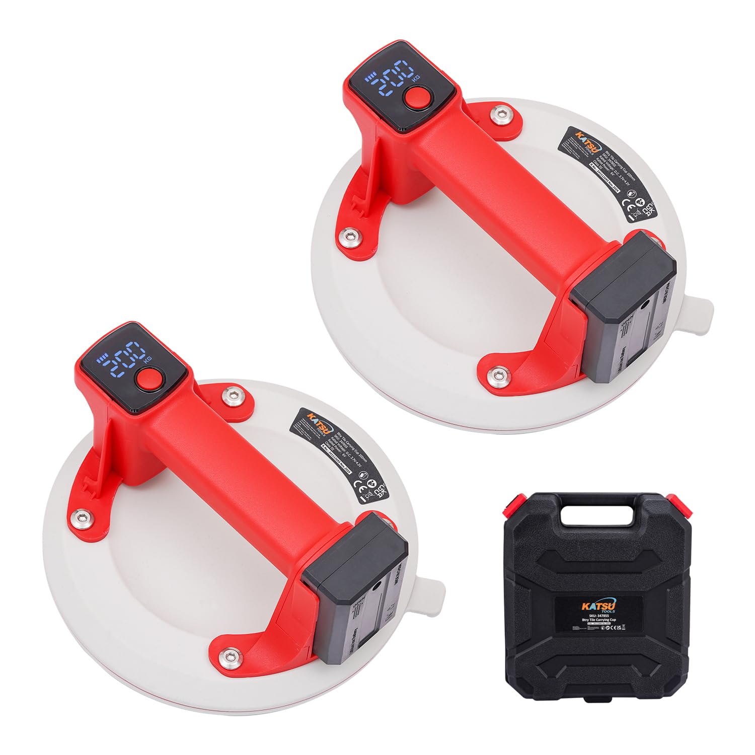 KATSU Tools 2 uds Ventosa Eléctrica 8", Pantalla Digital, Auto Start Stop, Silicona Triple Capa, Recargable, 200kg Carga, Elevador Cristal Azulejo en Estuche Plástico