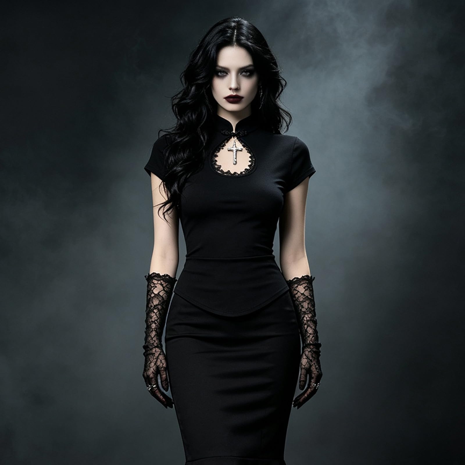 Generisch Elegante costume cinese scuro per Halloween con scollo profondo e silhouette sciancrata