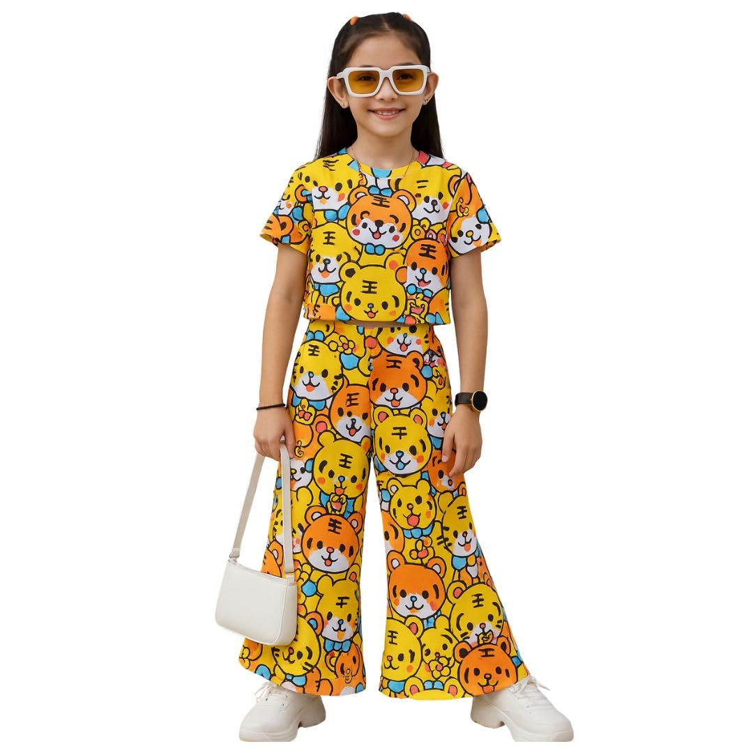 Girl's Cotton Blend Co-ord Set with T Shirt & Pant Set Abstract Printed Pattern Round Neck Half Sleeves Casual Style Regular Fit and Standard Length