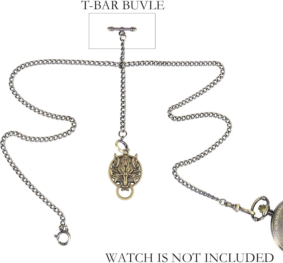 ManChDa Double Albert Chain Pocket Watch, Curb Link Chain 3 Hook Antique Plating Shield Design Fob T Bar for Men Bass with Wolf Pendant : ManChDa: Clothing, Shoes & Jewelry