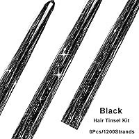 Vista 2 de Kit de oropel para el cabello con herramientas, extensiones de cabello de oropel negro, 6 piezas, 1200 hebras con brillantina, kit de oropel