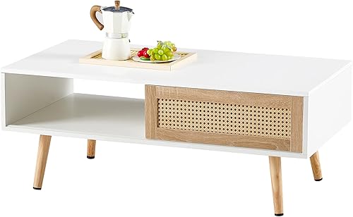 Miniatura 7 de Mesa de centro de ratán de 41.34 pulgadas, puerta corrediza para almacenamiento, patas de madera maciza, mesa moderna para sala de estar, color