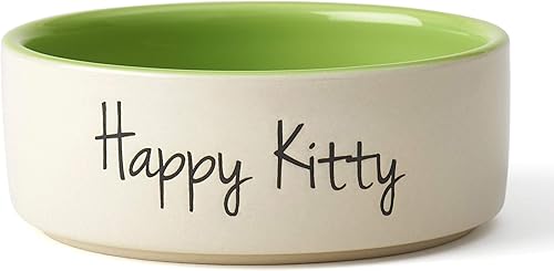 PetRageous 17008 Happy Kitty Cuenco de cerámica para gatos apto para lavavajillas, capacidad de 2 tazas, 5 pulgadas de diámetro, 2 pulgadas de alto,