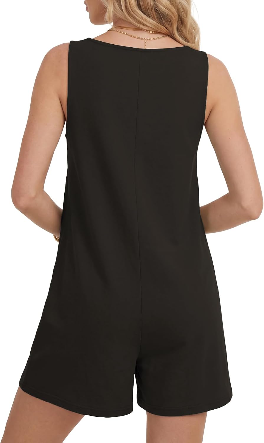 Vrtige Women's Square Neck Sleeveless Button Strap Casual Romper Jumpsuit with Pockets
