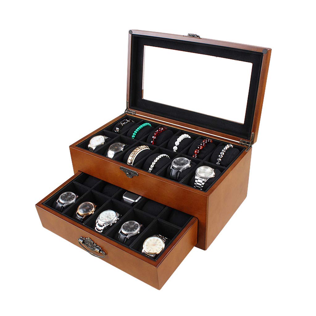 XBTGS 2-stöckige Holz-Uhrenbox für Herren, Schmuck-Display, Schublade, abschließbar, Uhrengehäuse, Organizer, transparentes Fenster für 22 Uhren und herausnehmbare Aufbewahrungskissen
