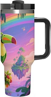 Toucan on Fruit Tree Travel Tumbler 40 Oz Large Capacity Bottles | Water Cup with Handle,Lid and Straw,Double Wall Insulated Cup Stainless Steel Travel Mug,Water Bottle for Iced Tea,Coffee