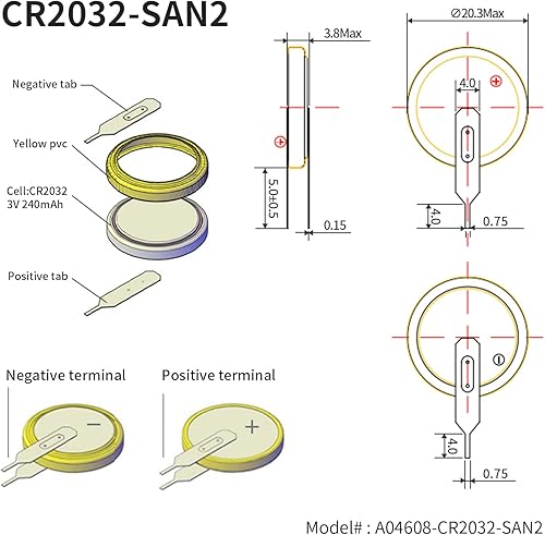 Miniatura 3 de EEMB Paquete de 10 baterías CR2032 con pestañas de 3 V, botón de batería de litio, pilas de moneda, pestañas de batería 2032, soldadura CR2032,