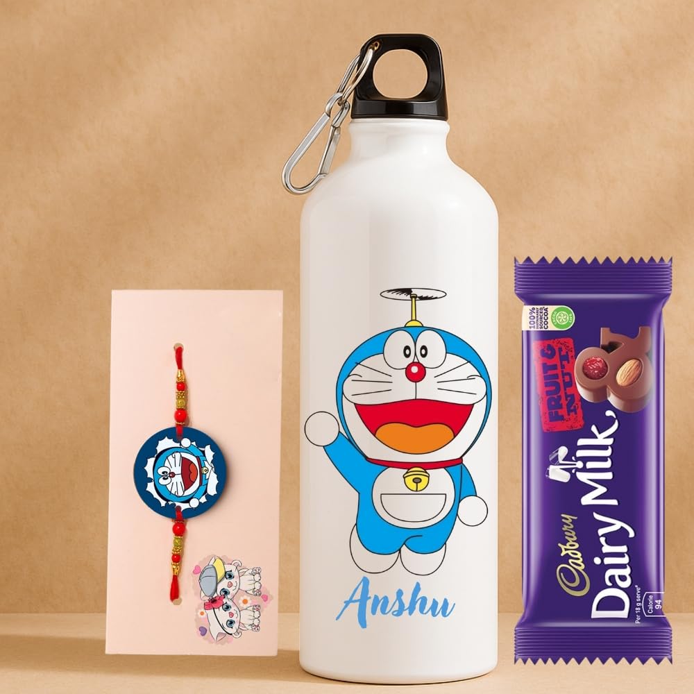 Half Engineer Cute Doraemon Theme MDF Rakhi with Delicious Chocolate and Custom 750ml Aluminium Water Bottle – Unique Raksha Bandhan Gift for Kids, Brothers, and Superhero Fans-image-13