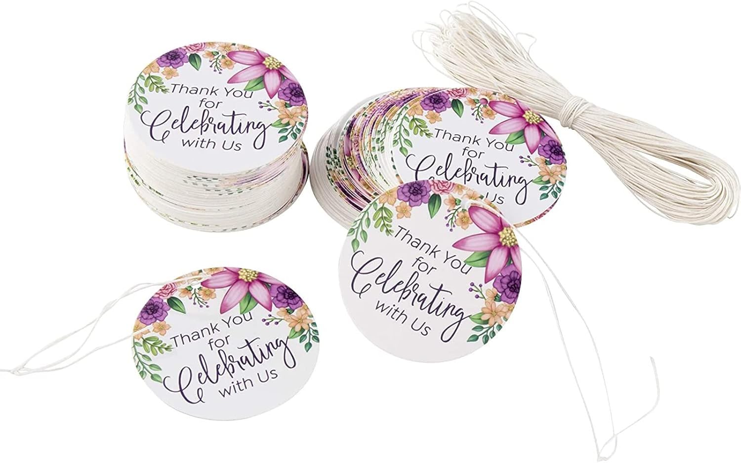 Thank You Tags - 120-Pack Thank You for Celebrating with Us Paper Gift Tags, Craft Hang Labels with String for Wedding, Birthday, Holiday, Baby Shower, Floral Design, 250 GSM, 2.1 Inches Diameter : Health & Household