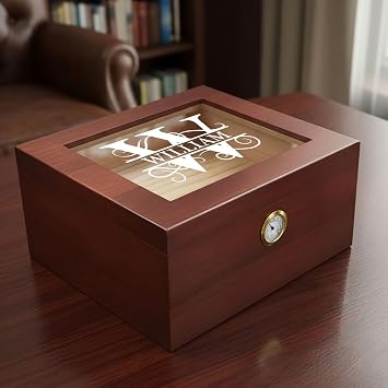 Personalized Cigar Humidor Custom Engraved Glass Top-Handcrafted Pine Wood Cigar Box with Accessory Drawer & Digital Hygrometer-Unique Mens Gift,for Him, Fathers Day, Anniversary, 25-50 Cigars