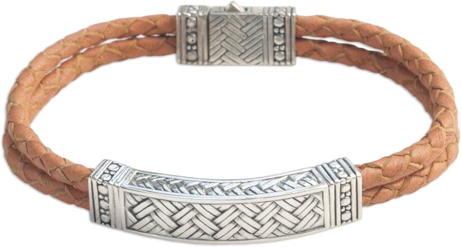NOVICA Artisan Handmade Men's Sterling Silver Leather Bracelet Wristband Braided Indonesia [8.75 in L x 0.4 in W] ' Jakarta Man'