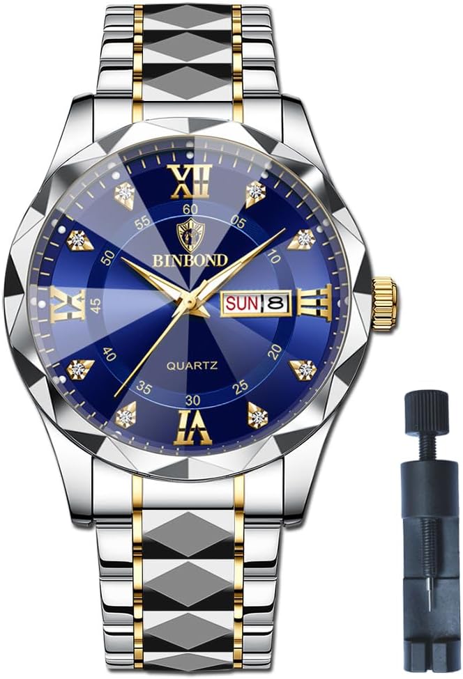 Men's Wrist Watches, Stainless Steel Watches for Men Week/Date Calendar Quartz Waterproof Watch for Men Business Dress Luminous Hands Men's Watch