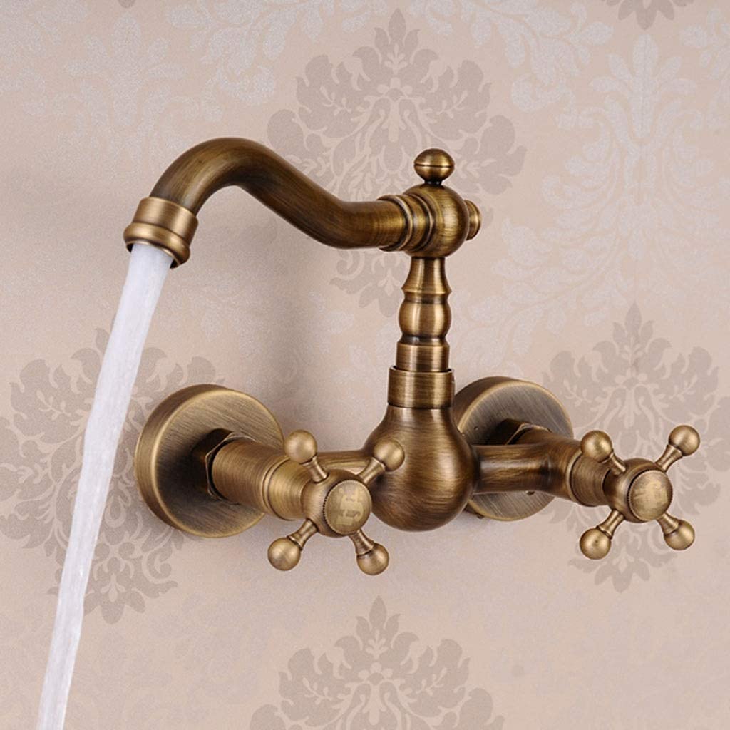 Rubinetto per lavello da Cucina, Miscelatore a Doppia Leva con beccuccio Girevole, con Struttura in Ottone Massiccio, Rubinetto Moderno da Incasso a Parete.