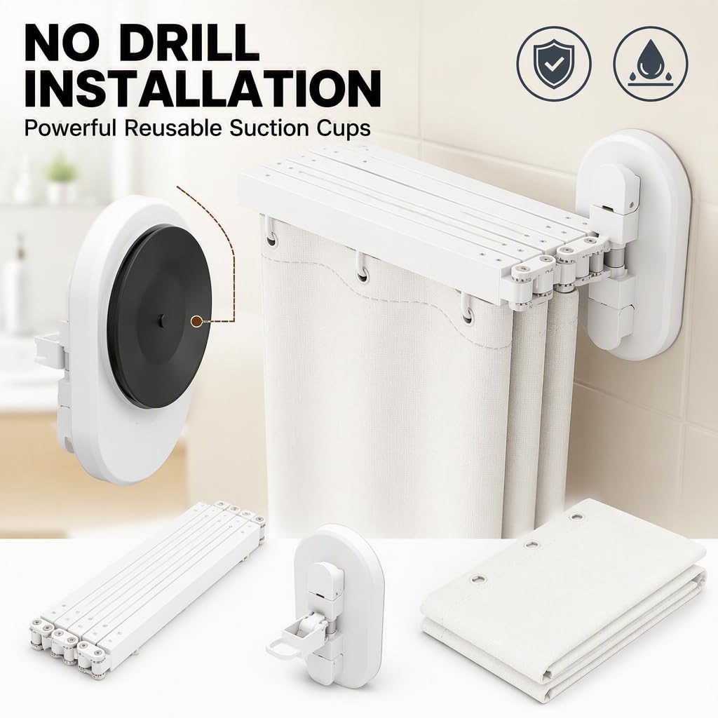 Barre de Douche rétractable avec Panneaux Pliables, Fixation par Ventouse, Angle réglable, étanche, Gain de Place pour Salle de Bain Dangle, Placard, 2 Volets (5-Folds)