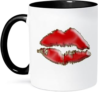 3dRose Glossy Red Gel Effect Lips With A Gold Effect Outline 11oz Two-Tone Black Mug