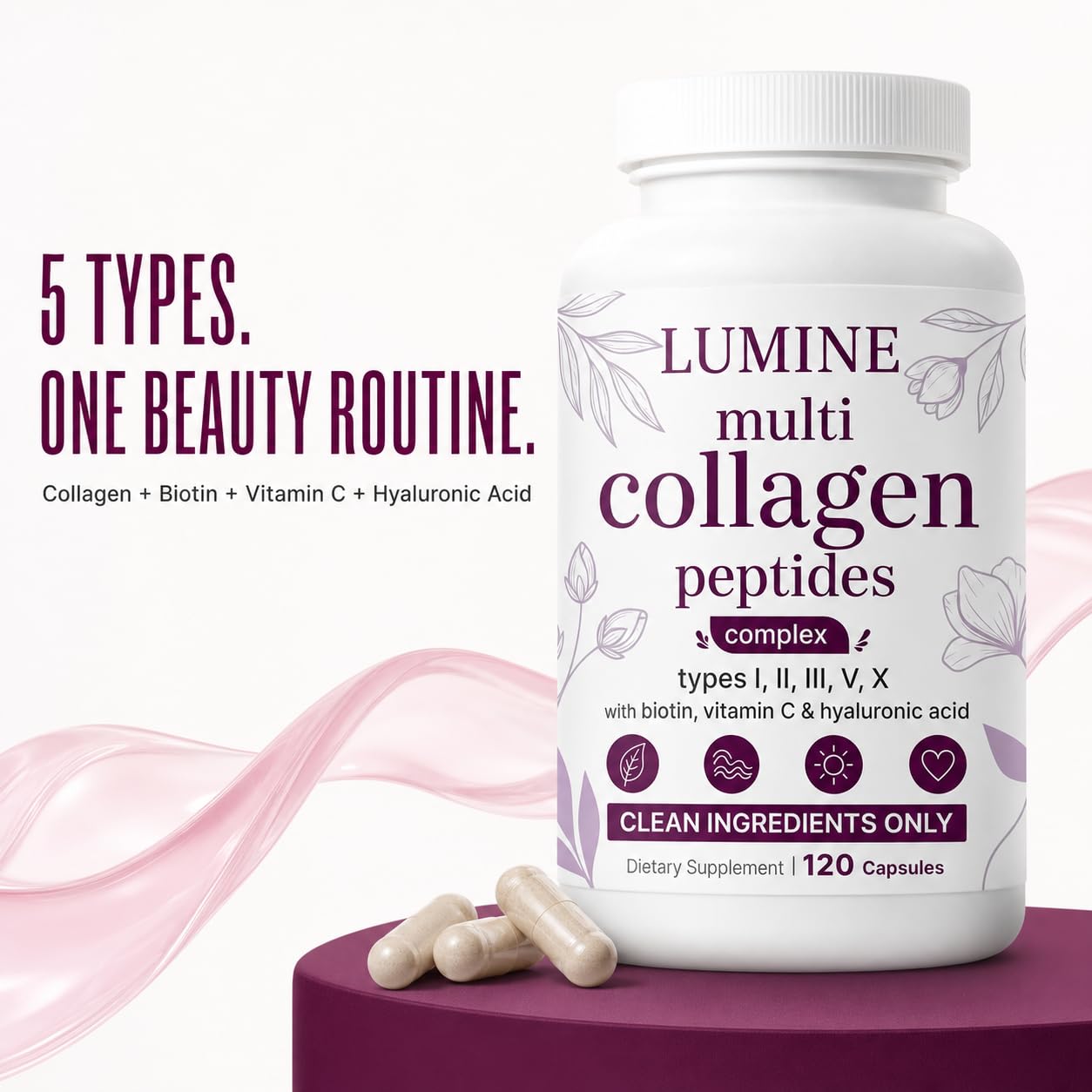LUMINE Organics Collagen Peptides, Collagen with All 5 Types,Hydrolyzed Collagen Supplement with Biotin,Hyaluronic Acid & Vitamin C, Non-GMO Ingredients, Vegan-Friendly, 120Capsules — Amazon image 3