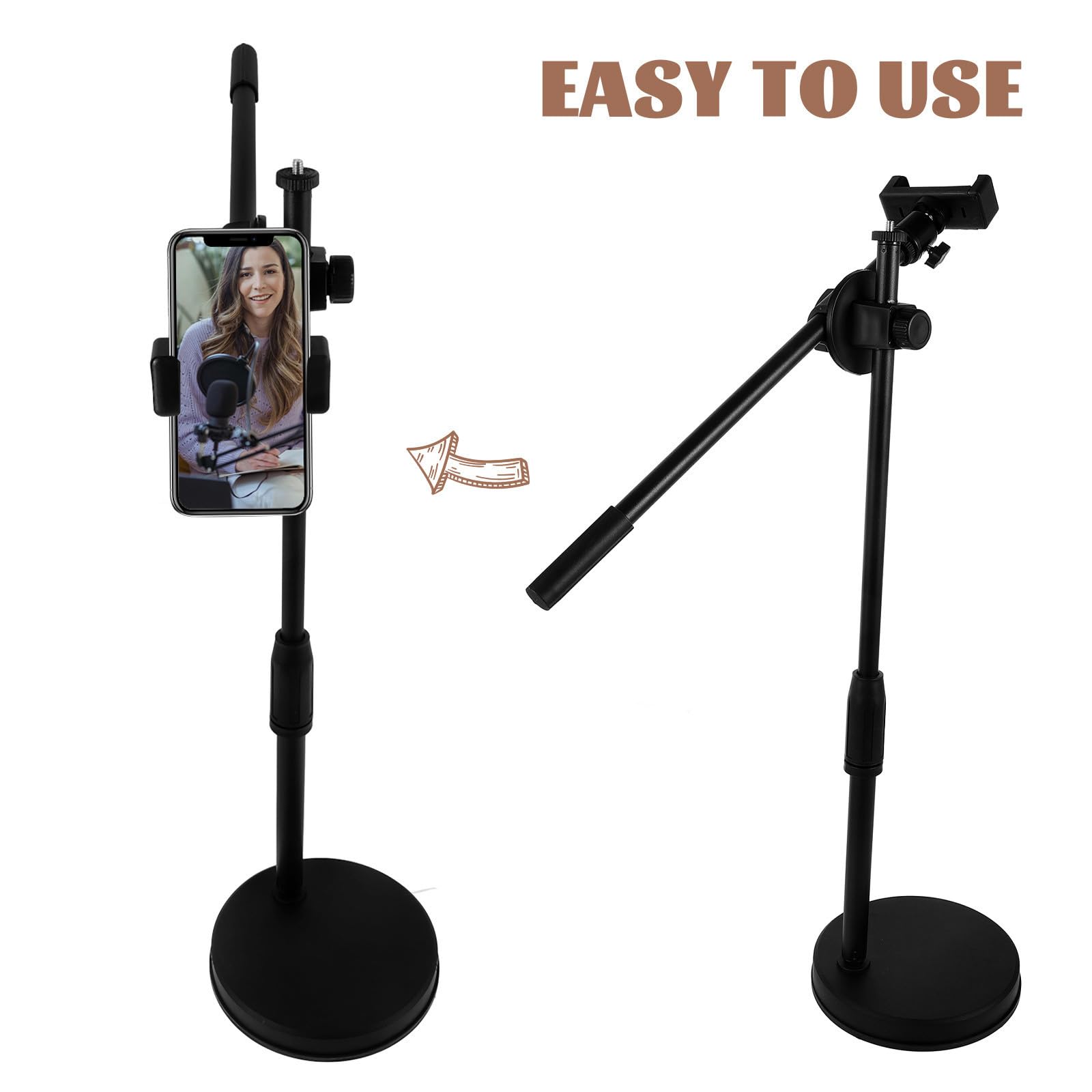 Soporte de Teléfono para Escritorio Soporte de Cámara Superior de Abs y Metal Negro Rotación 360° y Cabezal Trípode, para Móvil y Cámara, Uñas, Dibujo y Fotografía en Casa