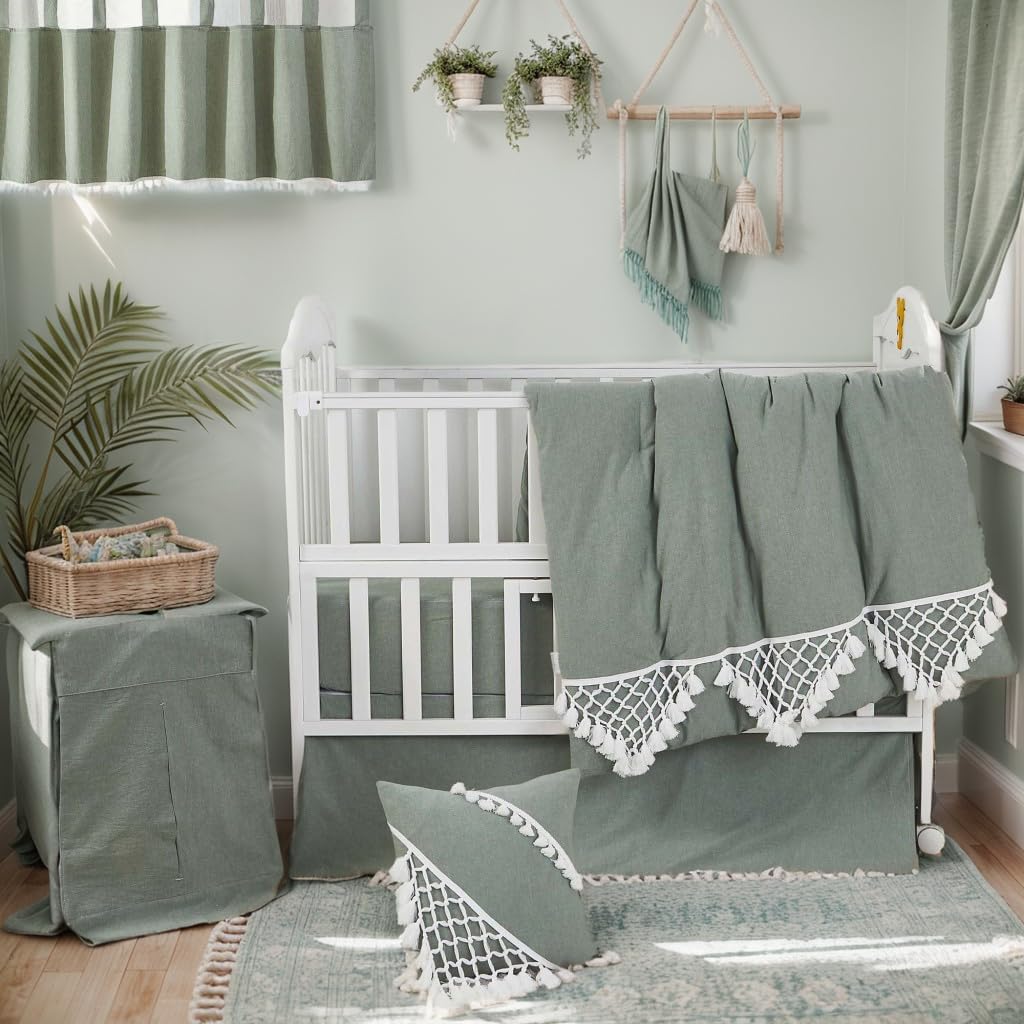 Brandream Gender Neutral Boho Bohemian Baby Girl Boy Nursery Crib Bedding Set - 6pc - Solid Color Sage Green Farmhouse Chic Unisex Minimalist Tassel Fringe Macrame 100% Washed Cotton