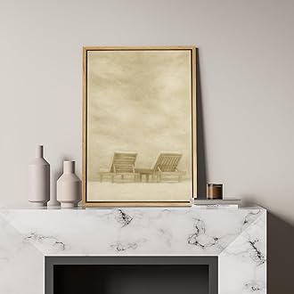 SIGNFORD Framed Canvas Print Wall Art Minimalist Beach Chairs Monochrome Coastal Scene with Lounge Chairs Illustrations Modern Art Decorative for Living Room, Bedroom, Office - 24"x36" Natural