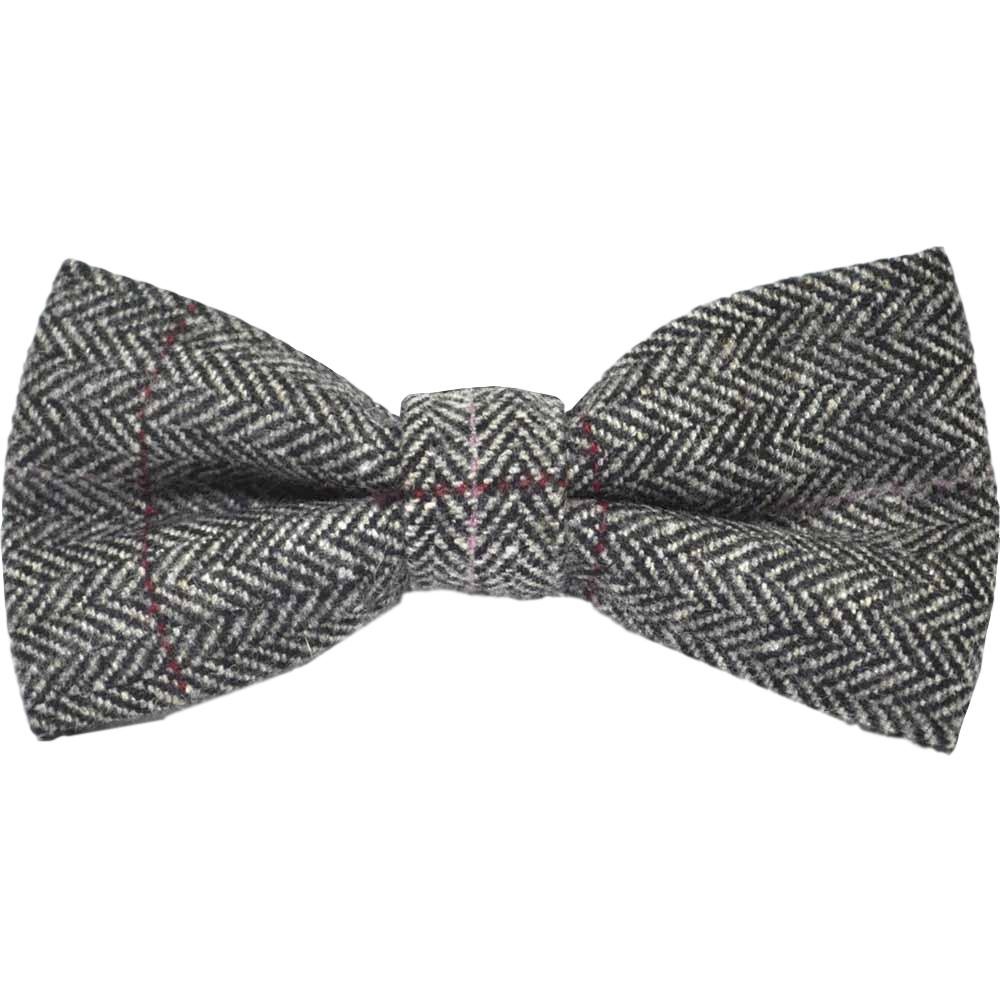 King & Priory Boys Grey Herringbone Pewter Pre-Tied Bow Tie, Tweed