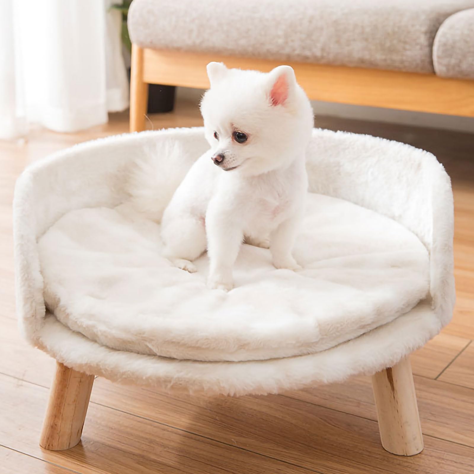 سرير مرتفع للحيوانات الاليفة من كيبفيتيز، سرير للحيوانات الاليفة للقطط والكلاب مع ارجل خشبية متينة، سرير قطيفة للحيوانات الاليفة، كنبة ناعمة مستديرة دافئة للجراء والقطط الصغيرة، يخفف ويحسن النوم