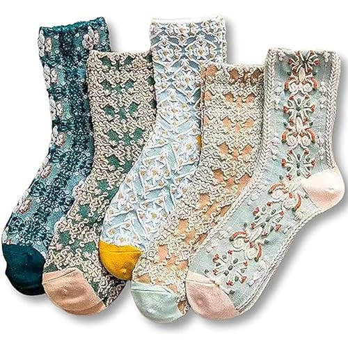 Sumleno 5 paia di graziosi calzini con volant floreali per donne e ragazze Kawaii Cutecore cotone volant calzini Cottagecore vestiti, Multicolore., 5-10