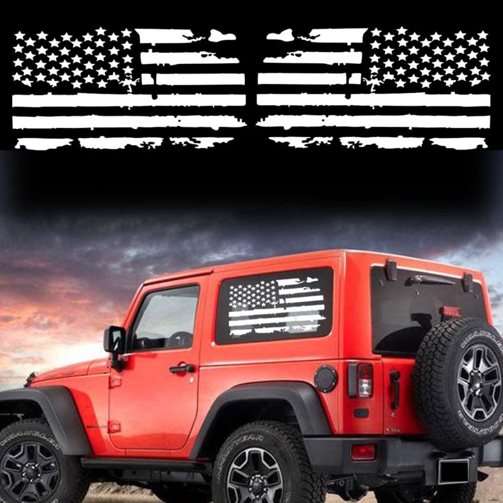 23.6'' Distressed American Flag Decal USA US Flag Tailgate Vinyl Decal Stickers Hood Stripe Decal Graphic Waterproof Sticker for Car Truck Wall Window Door Windshield Decoration (1PairWhite)