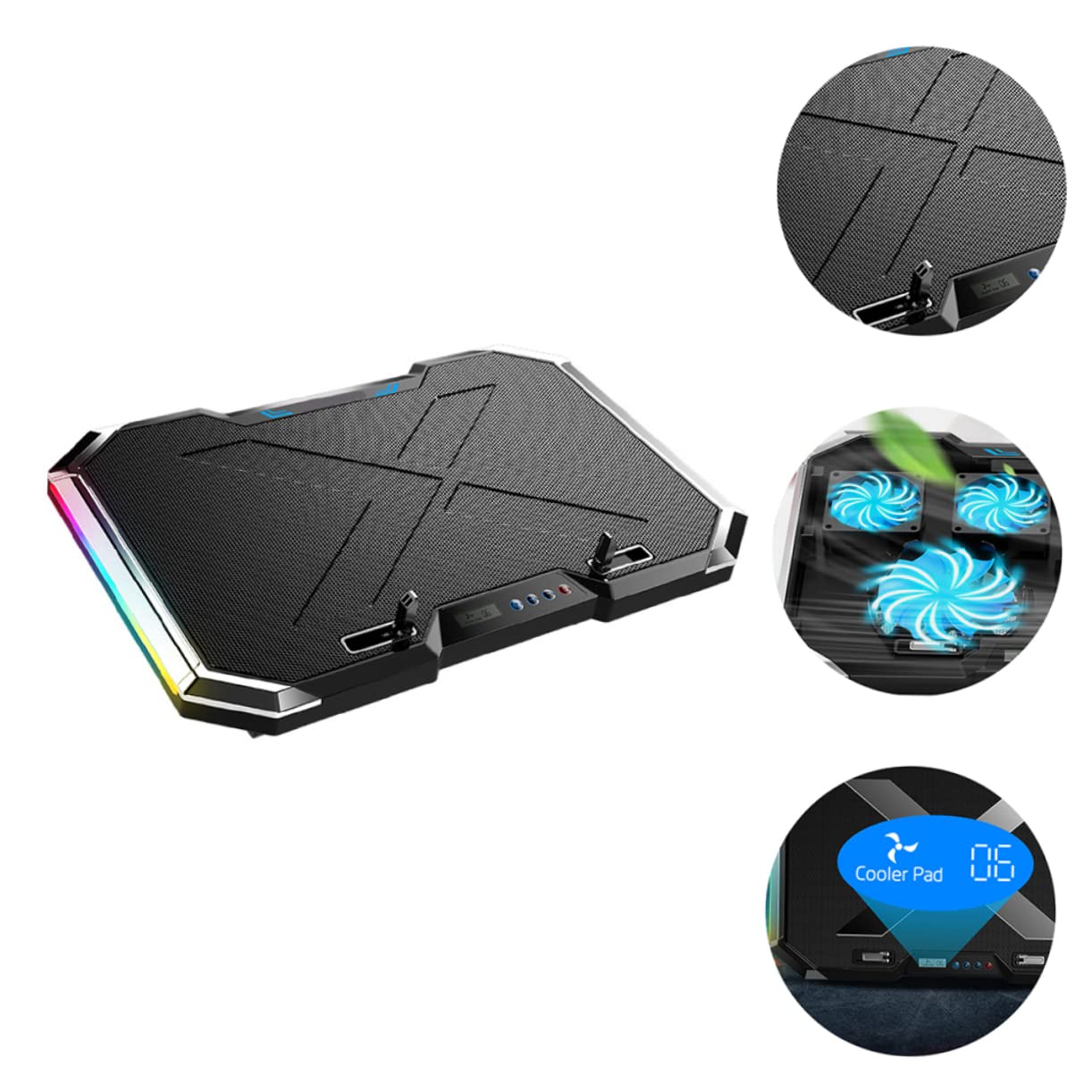 jojofuny Support de Refroidissement en Alliage pour Base Ventilée Réglage 7 Angles, Éclairage Rvb Ordinateur Portable de Jeu Usage Gaming
