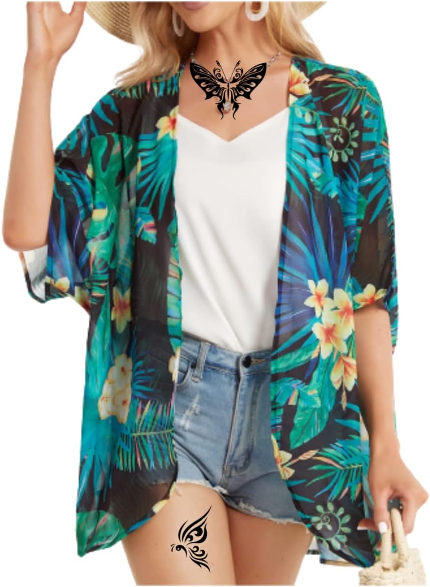 Women's Floral Print Puff Sleeve Kimono Cardigans Chiffon Casual Loose Open Front Cover Tops Cardigan Blouse - Image 2