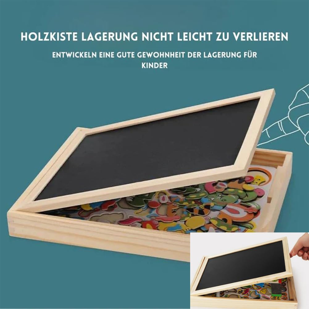Wolkenschaukel 2 in 1 Montessori Zeichentafel, Magnetisches Holzpuzzle, 163 Stück Tiermuster Pädagogisches, Doppelseitige Magnettafel Kinder, Montessori Spielzeug ab 2 3 4 Jahre (A)