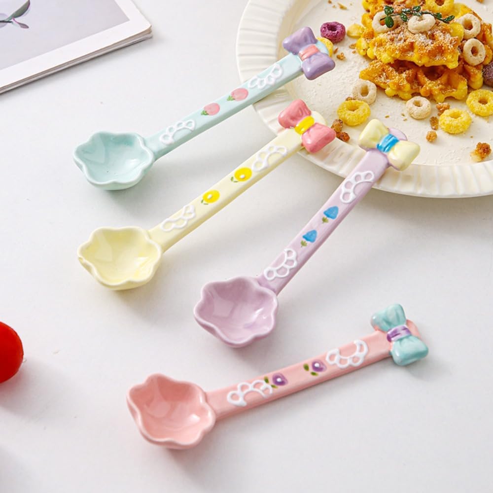 (4 Pieces) Ceramic Spoon Cute Dessert Girly Rice Stirring Household Coffee Ice Cream