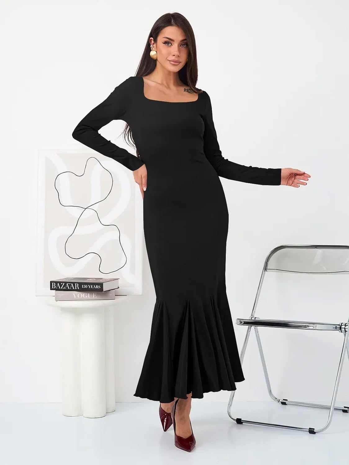 Women's Basic Sexy Long Sleeve Bodycon Maxi Dress Square Neck Casual Ribbed Party Long Dresses - Image 3