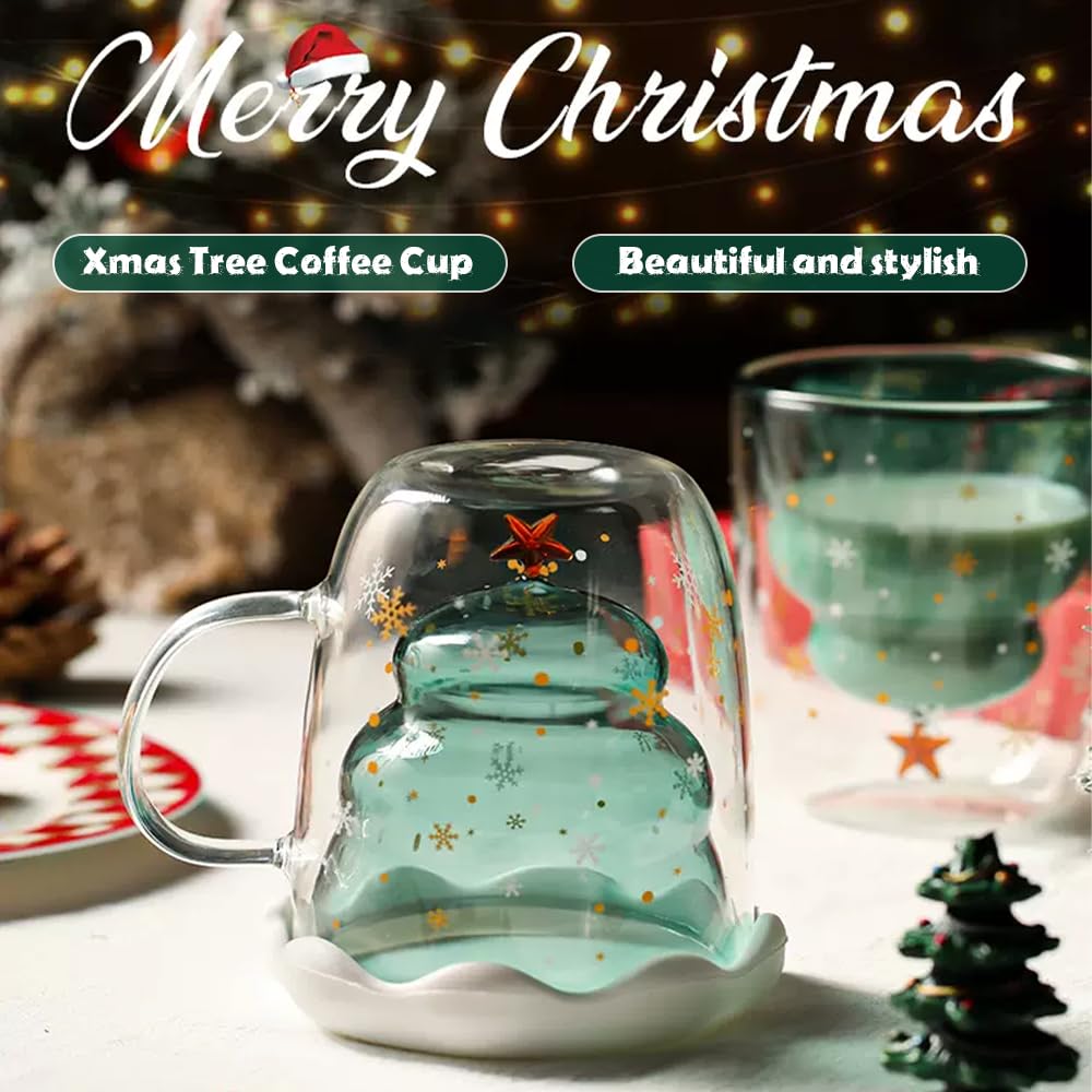 ADERTOS Tazza Natalizia a Doppio Strato Mug Natalizie a Vetro da 300ml Tazze Caffe Natalizie Tazze da Latte Natalizie con Coperchio a Fiocco Nevee e Cucchiaio Tazza da Tè a Forma di albero di Natale