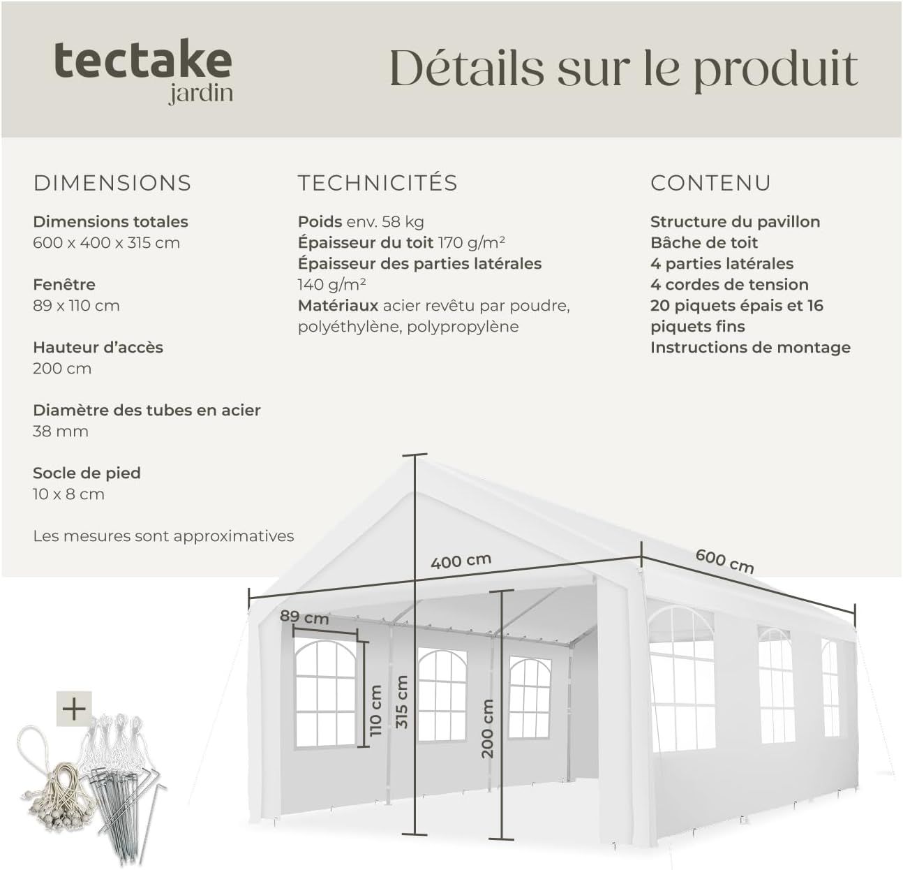 Diagram showing the dimensions and technical specifications of the TecTake 6x4m Garden Gazebo.