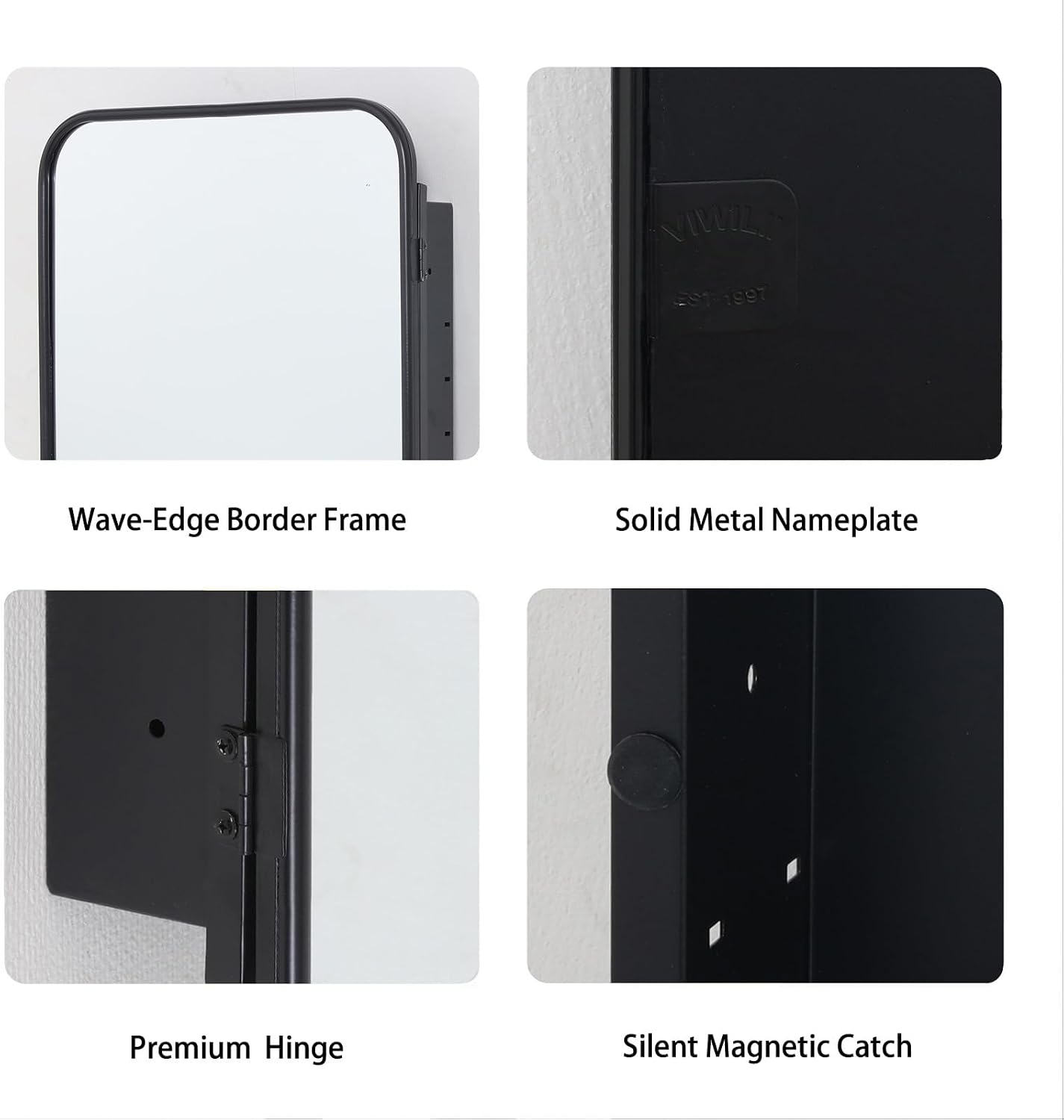 Brushed Metal Medicine Cabinet, Rounded Rectangle Bathroom Mirror with Storage, 2 Adjustable Shelves, Recessed or Surface Mount Mounting, Reversible Door (Brushed Black, 16x24)