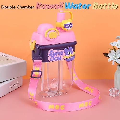 Miniatura 2 de HiGropcore Botella de agua Kawaii con pajilla, botella de agua de doble cámara con correa ajustable, jarra de agua portátil a prueba de fugas, 27