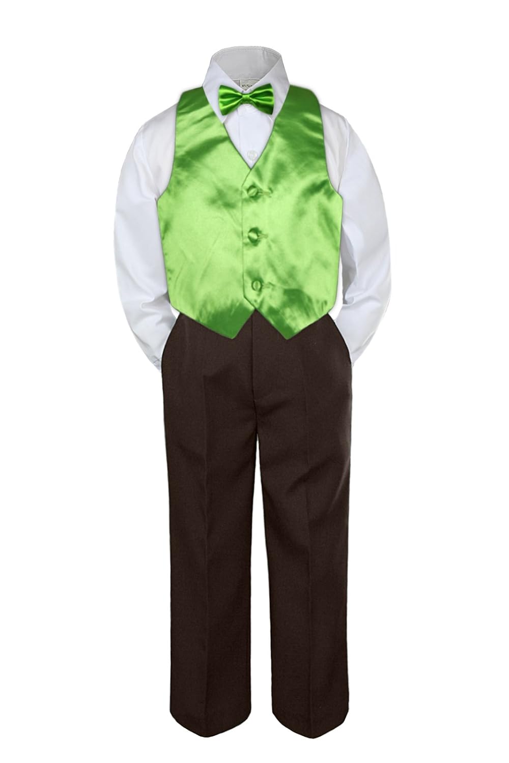 4pc Formal Baby Teen Boys Lime Green Vest Bow Tie Set Black Pants S-14 (5)