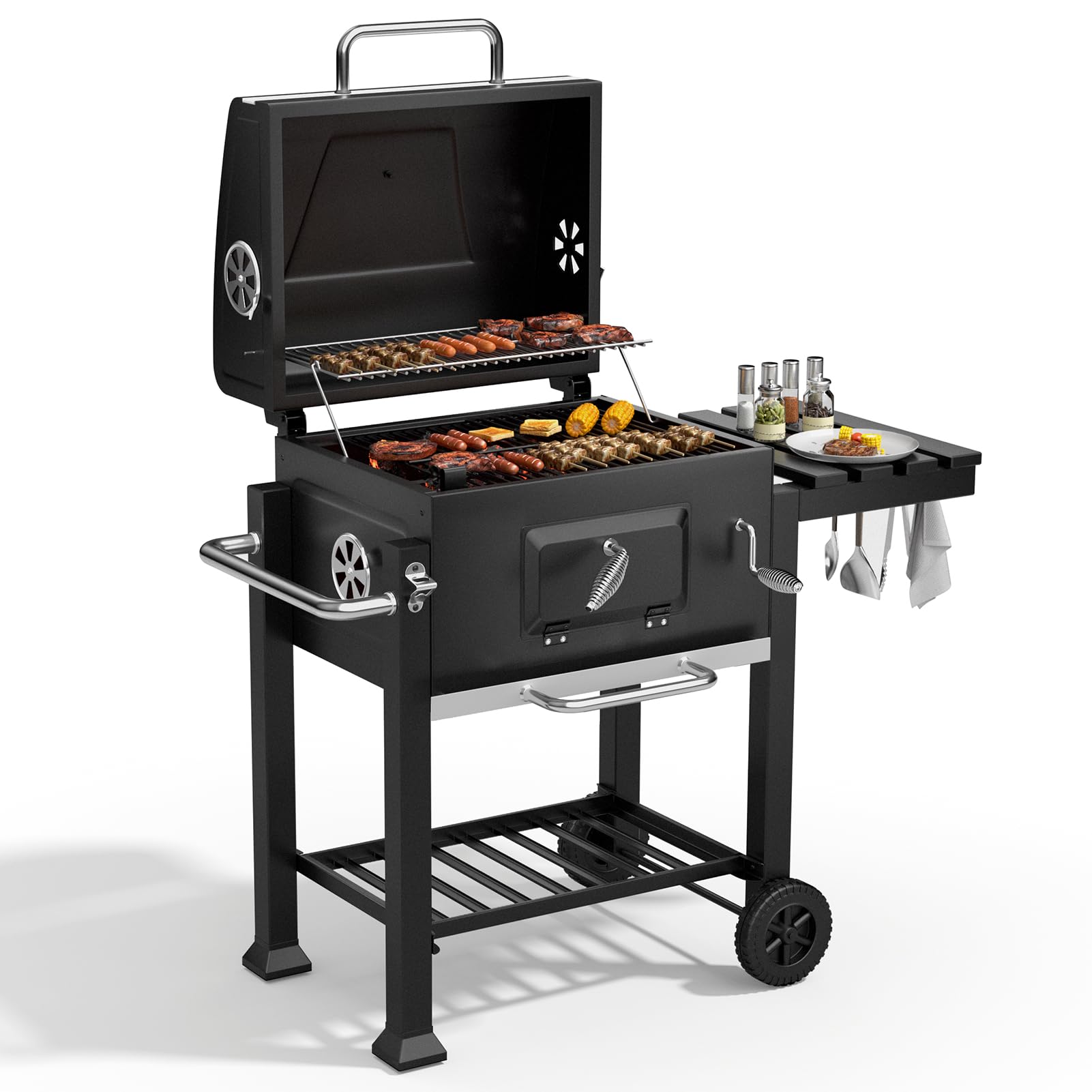Barbecue Grill, XL Portable Charcoal BBQ Grill with Wheels & Folding Table, Warming Rack, Thermometer & Adjustable Charcoal Pan, Large Barbeque Grill Outdoor Smoker for Party, Patio, Home Cooking